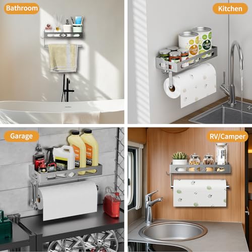 Stylish Kitchen Paper Towel Holder with Shelf - Adhesive Hand Towel Holder | Wall Mount Toilet Paper Holder Rack for Bathroom, Rust-Resistant Matte Grey Finish for RV , Easy One-Handed Operation Design - color: Gray