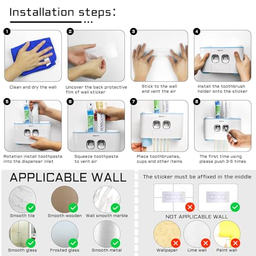Toothbrush Holder Wall Mounted, WEKITY Multi-Functional Toothbrush and Toothpaste Dispenser for Bathroom, with 5 Toothbrush Slots, 2 Toothpaste Squeezers and 4 Cups(Blue) - color: Blue