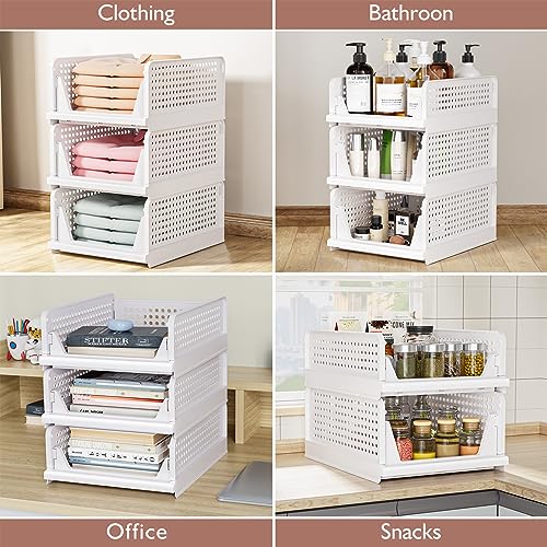 4 Pack Folding Closet Organizers Storage Box, Stackable Storage Bins, Plastic Drawer Basket Closet Storage for Wardrobe Cupboard Kitchen Bathroom Office White-4L | White Stackable Plastic Drawer Bins for Closets, Wardrobes, Kitchens, Bathrooms, Offices -