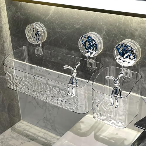 2 Pack Suction Cup Shower Caddy, Wall Mounted Suction Electric Toothbrush Holder for Bathroom, Clear Shower Rack with 2 Movable Hooks, Toothpaste and Razors Shower Organizer - style: Small size, 2 pieces