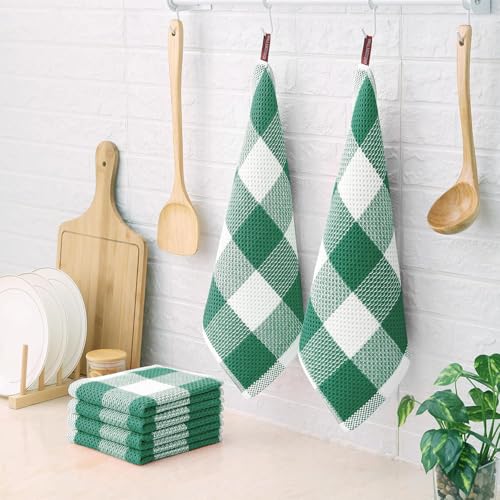 Homaxy 100% Cotton Waffle Weave 6 Pack Dish Cloths, 12" x 12" | White & Dark Green, Waffle Weave, Plaid, Super Soft and Absorbent Dish Rags, Quick Drying - color: White & Dark Green, size: 12 x 12 - 6 Pack