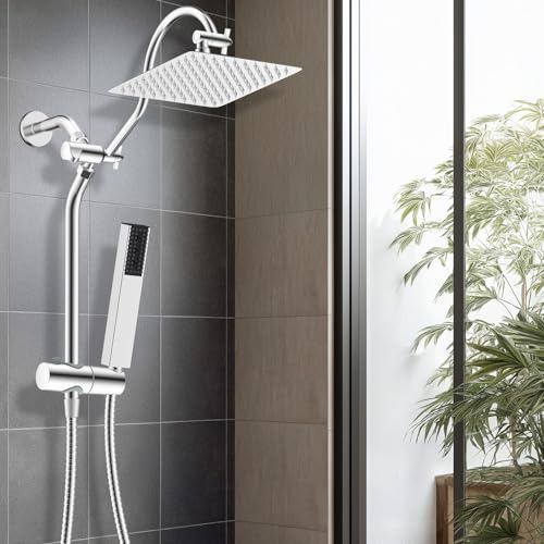 Hibbent 10'' Rainfall Shower Head with 4-mode Handheld Shower Spray, Chrome | cUPC Certified High Pressure Showerhead Combo, 12'' Adjustable Extension Arm, Extension Bar, Easy Reach Holder, 71'' Hose - color: Chrome, style: Square 10''