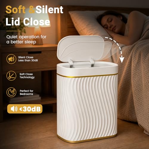Bathroom Small Trash Can with Automatic Touchless Lid, 2.6 Gallon Smart Garbage Can Narrow Waterproof Trash Bin for Bedroom, Office, Living Room - color: 2.6 gallon-Gold white