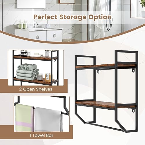Giantex Wall Mounted Bathroom Shelves with Towel Bar, Industrial 2-Tier Over the Toilet Storage Organizer with Metal Frame, Wooden Wall Shelves, Floating Shelves for Bathroom, Kitchen, Living Room - color: Rustic Brown