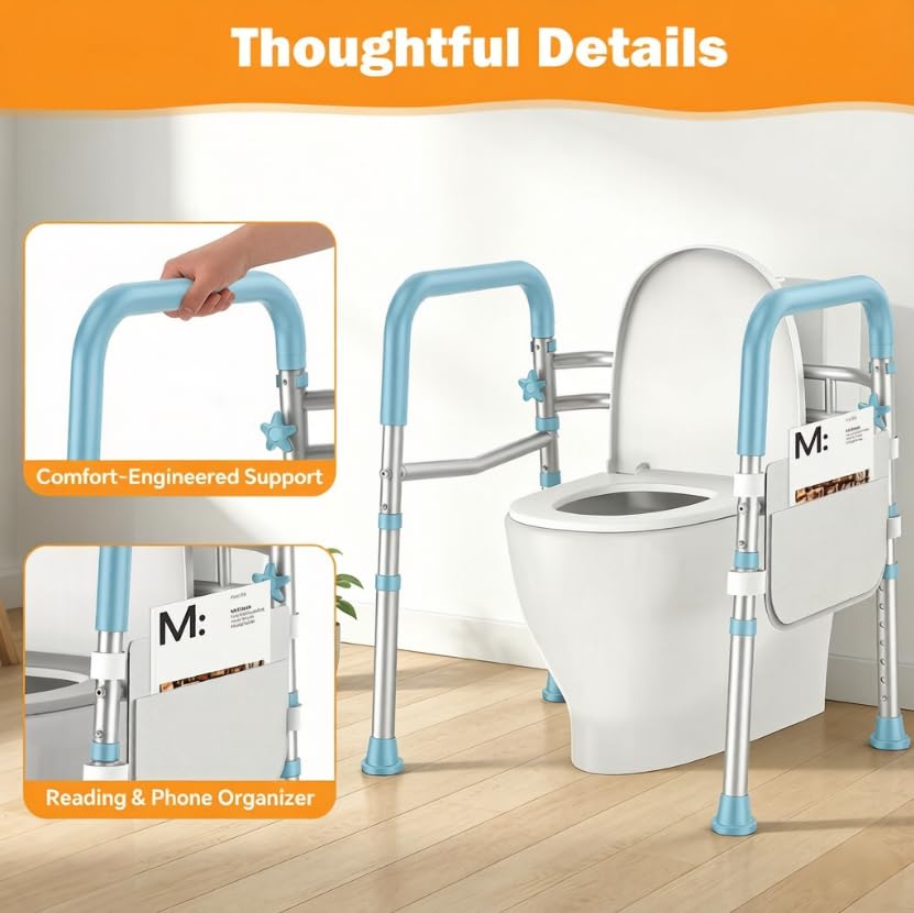 Toilet Safety Rails for Seniors, Adjustable Height & Width Toilet Safety Frame with Handles (350LB Capacity), Elderly Assistance Products for Handicapped, Foldable Toilet Bars Fits Any Toilet(Blue) - color: Blue