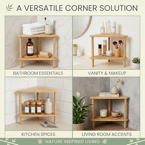 Bamboo Corner Shower Stool, 2-Tier Waterproof Bath Bench with Storage Shelf, Shower Foot Rest for Bathroom Spa Shaving