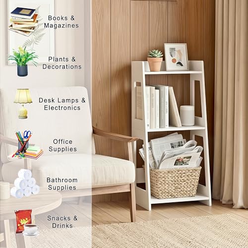 3-Tier Bathroom Ladder Shelf Freestanding, 12.6" W x 26" H, PVC | White Floor Shelves, Small Bookshelf, Nightstand, for Home Study, Laundry Room, Open Display Rack, 11.8" Deep - size: 11.0”D x 12.6”W x 26”H