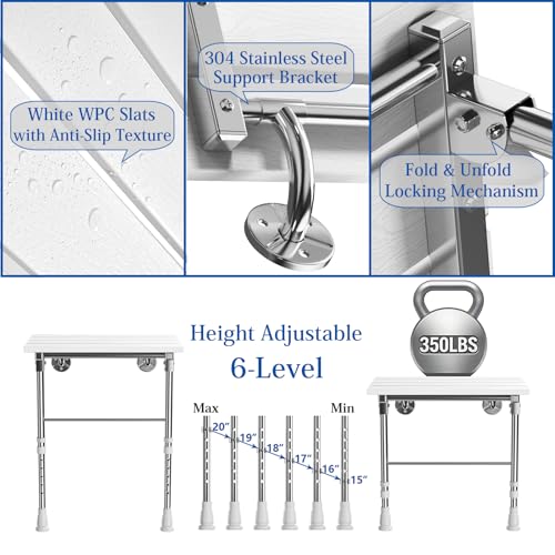 Folding Shower Seat Wall Mounted with Support Legs for Seniors, 350 lbs (White WPC) - color: White Wpc