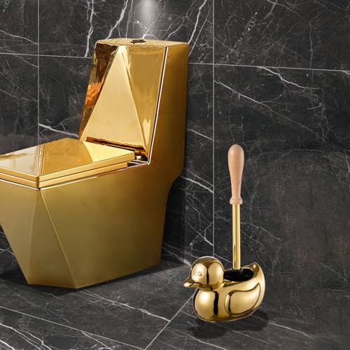Gold Duck Toilet Brush and Holder Set,Non-Slip Handle Toilet Bowl Brush with Wooden & Stainless SteelHandle, Practical Bathroom Accessories Cleaning Tools Set,1 pcs - color: Gold