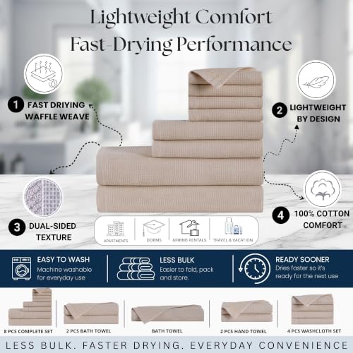 100% Turkish Cotton Dual-Sided Waffle and Terry Towel Set - Ultra Absorbent, Soft & Quick Dry - Bath Towels, Hand Towels & Washcloths (Beige, 8-Piece Complete Towel Set) - color: Beige, size: 8-Piece Complete Towel Set