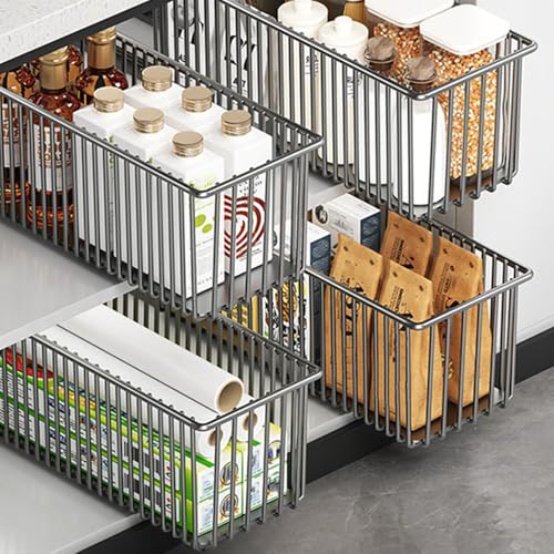 Pull Out Cabinet Organizer 2 Pack, Black Metal Storage Basket for Kitchen Cabinet, Bathroom, Under Sink, Self Adhesive Slide Out Pantry Shelves Drawer Storage, 15.8" LX 5.9" WX5.9 H