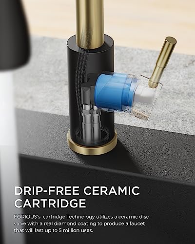 FORIOUS Kitchen Faucet with Soap Dispenser, Stainless Steel, Brushed Gold | Pull Down Sprayer, High Arc Single Handle, Classic 3 Modes Bar Sink Faucet with Deck Plate, Suitable for Rv Laundry Camper - color: Black&Gold, style: Classic