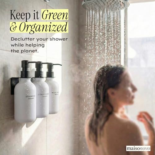 MaisoNovo Shampoo and Conditioner Dispenser|Refillable White Black Set of 3 | No Drill Wall Mount - Shower Soap Dispenser · Holds Body Wash or Hand Soap · Wall Soap Dispenser - color: White Black Set of 3