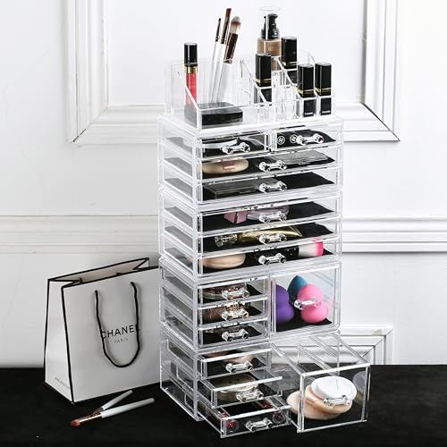 Ikee Design 5 Pcs Acrylic Makeup Organizer, 15 Drawers Lipstick Holders | 5 Pcs Set Acrylic Makeup Organizer with 15 Drawers and Removable Top Lipstick Holders, Make-up,Your Vanity or Bathroom - color: 1d) 1 Top 15 Drawers