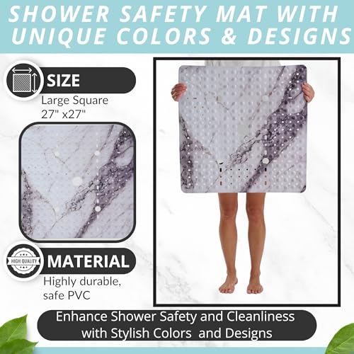 ENKOSI Square Shower Mat 27x27 inch - Anti Slip Shower Stall Floor Mat - Non Slip Shower Mats with Strong Secure Suction Cups and Drain Holes in Middle (27x27 Marble Grey) - color: Marble Gray