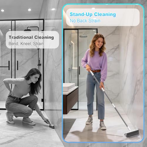 Floor Scrub Brush with Long Handle, Heavy-Duty Stiff Bristles, V-Shape Floor Scrubber Brush for Tile, Concrete & Grout Lines, Stand-Up Cleaning for Garage, Bathroom, Deck & Patio