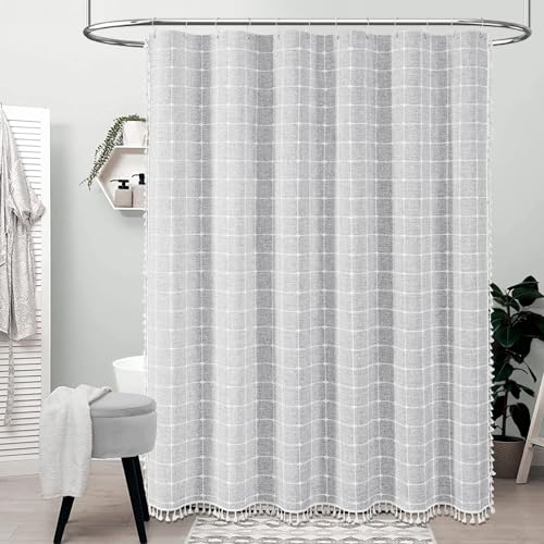 48x72 Boho Farmhouse Linen Heavy Duty Shower Curtain Set, Gray/Grey | Stall Size, 330GSM Linen Blend, 3-side Tassels, Water Repellent Fabric, 8 Plastic Hooks, Rustic Bohemian, Machine Washable - color: Grey, size: 48"W x 72"L (Pack of 1)