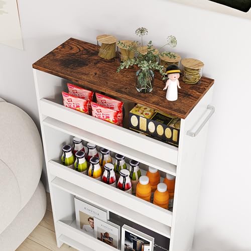 POWERSTONE 4-Tier Slim Storage Cart, Narrow Kitchen Rolling Cart w/Handle & Open Shelves, Skinny Slide Out Utility Organizer Trolley for Kitchen Bathroom Laundry Small Spaces White & Rustic Brown - color: White & Rustic