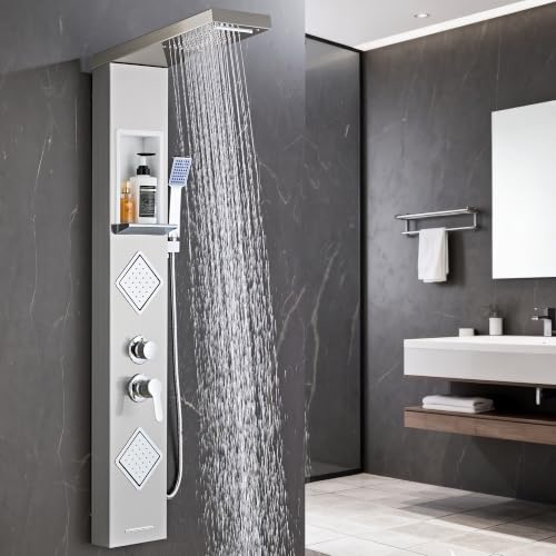 Shower Panel Tower System with Storage- Brushed Gray | 304 Stainless Steel 5-Function Shower Panel Faucet Set with Powerful Body Jets, Rainfall, Waterfall,Handheld and Tub Spout - color: Brushed Gray