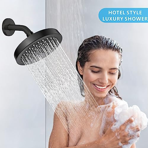 High Pressure Rain Shower Head with Arm - High Flow Rainfall Showerhead - Luxury Modern Look - Pressure Boosting (6" Shower Head with 6" Arm, Matte Black) - color: Midnight Black Matte