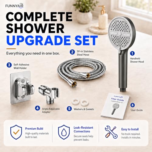 High Pressure Shower Head, Stick-on Low Mount Wall Bracket, Grey | 5 Spray Modes, Water-Saving, 360° Adjustable Bracket, For Low Water Pressure Home, RV, Bathroom, Fix Firmly Kid-Friendly - color: Gray