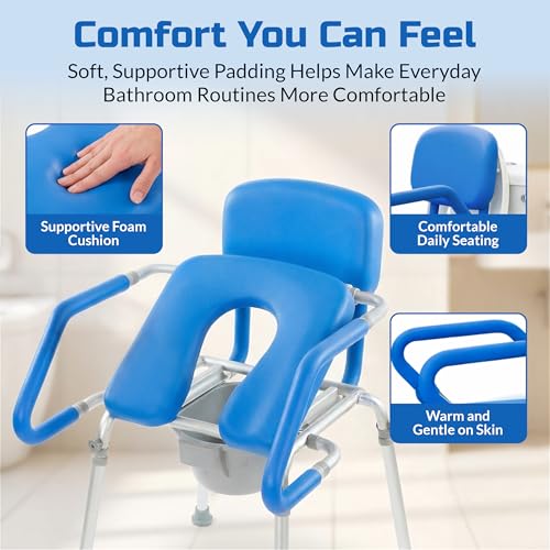 Raised Toilet Seat with Handles, Elevated Toilet Seat Riser for Seniors | Comfortable, Accessible Bedside Toileting - Blue, padded seat, backrest - size: 300lb. Capacity