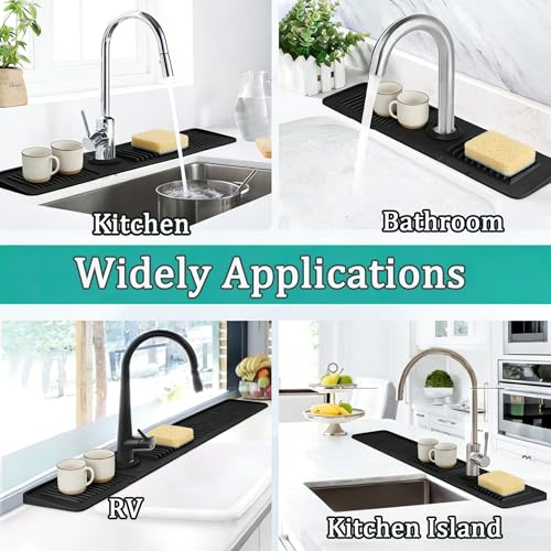 24'' Longer Kitchen Faucet Mat, Silicone Sink Splash Guard Drying Mat with 5° Slope & Cuttable Hole, Fast Draining Catcher Tray Dish Soap Sponge Holder for Kitchen Sink (Black, 24"x 5.5")