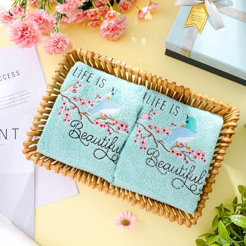 SmoothNovelty 2 Pcs Bird Hand Towels Mint Green Bathroom Decor 14x29 Inch Embroidered 100% Cotton Soft Absorbent Spring Summer Decorative Hand Towels for Bathroom Kitchen - style: Bird