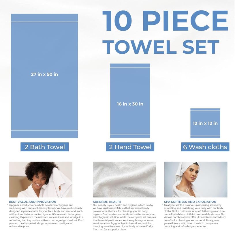 Crafty Cloth 10-Piece 4-Texture Towel Set for Complete Body Care, Embroidered | Luxurious Skin Care Towels for Cleaning, Exfoliating, and Drying – Blue, White, Gray, Purple - color: Blue/Gray/White, style: Embroidered