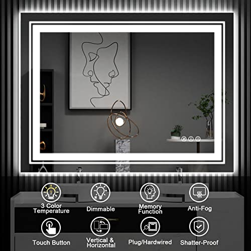 Snowdool 40 x 32 in LED Bathroom Mirror, Front and Backlit, Anti-Fog | Front and Backlit, Stepless Dimming, Anti-Fog, Memory Function - size: 40"L x 32"W