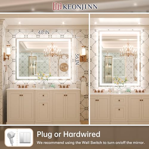 Keonjinn 48 x 36 Inch LED Bathroom Mirror with Lights, Frontlit and Backlit | HD Tempered Glass, Separately Frontlit/Backlit, Double Light Strips, Stepless 3 Colors Temperature & Dimmable, Fast Defogging - size: 36"L x 48"W