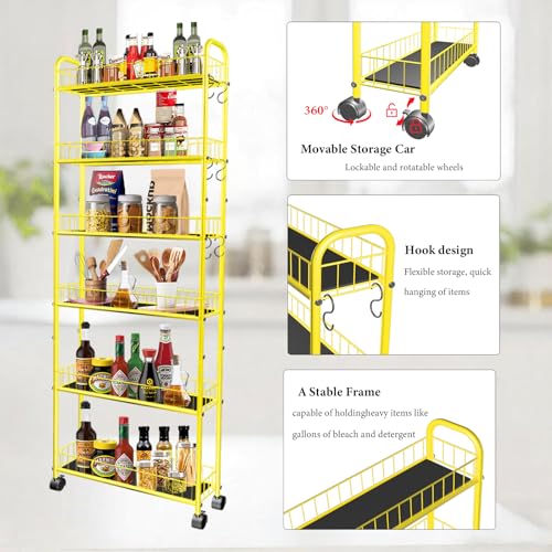 6-Tier Slim Storage Cart with Wheels, Metal 6in Narrow Rolling Shelf, Sturdy Slim Storage with Hooks Ideal for Kitchen, Bathroom, and Laundry Room, Yellow - size: 6in Yellow
