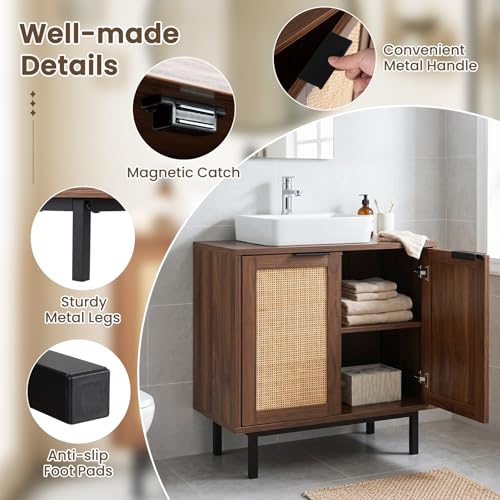 24-inch Pedestal Sink Storage Cabinet, Under Sink Cabinet (Brown) | U-Shaped Cut-Out | 2 Rattan Doors & Shelf | Solid Metal Legs - color: Brown
