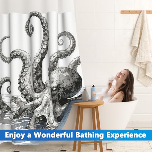 Giant Octopus Shower Curtains for Bathroom, No Hook Shower Curtain with Mesh Top Window and Detachable Liner, 71x74 Inch Waterproof Fabric Ocean Shower Curtain with Built-in Rings and Weighted Bottom - color: Giant Octopus