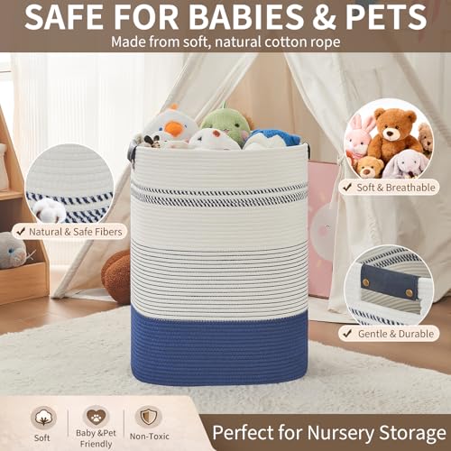 AINUOQI Large Laundry Basket - Tall Woven Rope Laundry Hamper with Leather Handles - Dirty Clothes hamper for Living room, Bedroom, 17" X 13.8" X 22", Dark Blue & White - color: Dark Blue & White, size: 85L