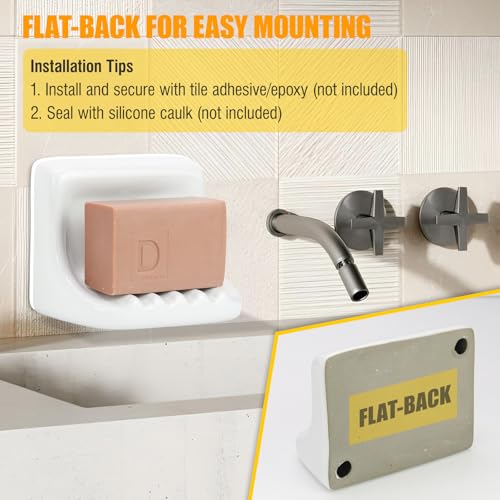 Shower Wall Soap Holder & Ceramic Soap Dish - Fits 4x4 Inch & Any Tile Walls, Heavy-Duty Flat-Back Design with Drainage Slope, No-Slip, Classic White