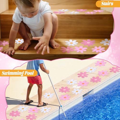 24 Pcs Non Slip Bathtub Stickers, Flower, Pink | Anti Slip Grip for Shower Floor, Self Adhesive Treads with Scraper Tool, Daisy Appliques Decals for Bathroom Safety - color: Pink, style: Flower