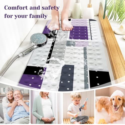 Purple Black Bath Tub Mat Non Slip, Modern Geometric Large Washable Shower Mats with Drain Holes and Suction Cups,40 X 16 Inch - color: Purple Black