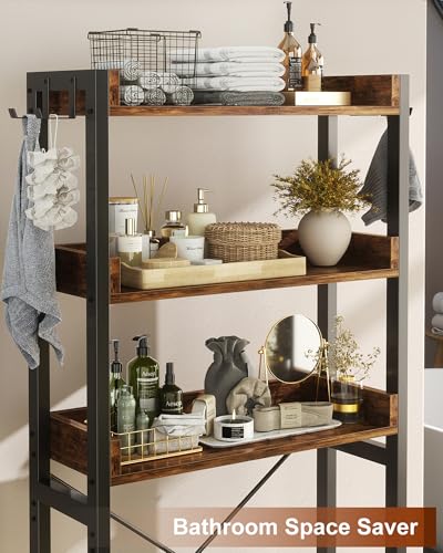 Ecoprsio Over-The-Toilet Storage Rack, 3-Tier Bathroom Organizer Shelf Over Toilet, Freestanding Space Saver Toilet Stands with 4 Hooks, Rustic Brown - color: Rustic Brown