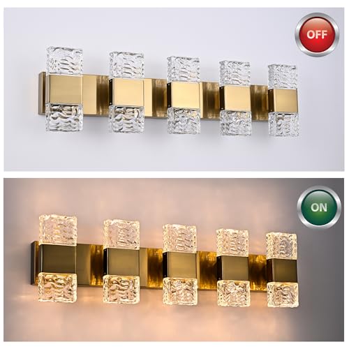 MELUCEE 5 Lights Brass Crystal Vanity Light Bar LED Bathroom Lights 30.3 in | 40W LED Modern Vanity Lighting Fixtures Wall Mount for Bath Restroom Powder Room, 3000K Warm Lighting - color: Brass, size: 5 Lights
