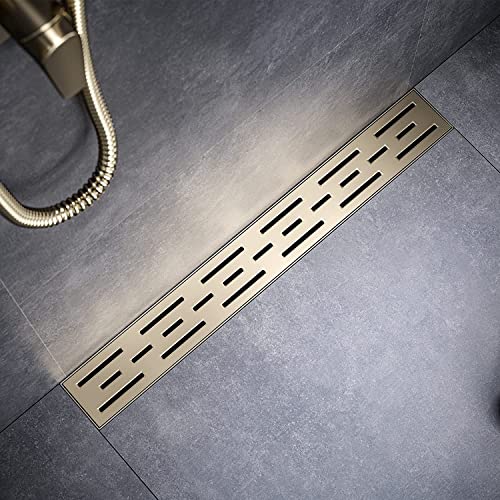 Linear Shower Drain, Brushed Gold Shower Drain 32 Inch with Removable Grate, SUS-304 Stainless Steel Rectangle Floor Drain with Leveling Feet and Hair Strainer, Bathroom Modern Drain SD-101 - color: Brushed Gold, size: 32 Inch