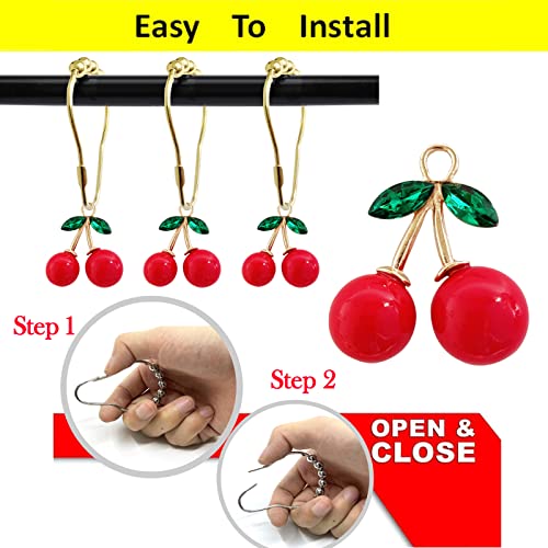 Set of 12 Cherries Shower Curtain Hooks Rings, Red Cherry Pendant Decoration, Fruit Style for Kids Bathroom, Stainless Steel Hooks Rustproof (Red-Cherry)
