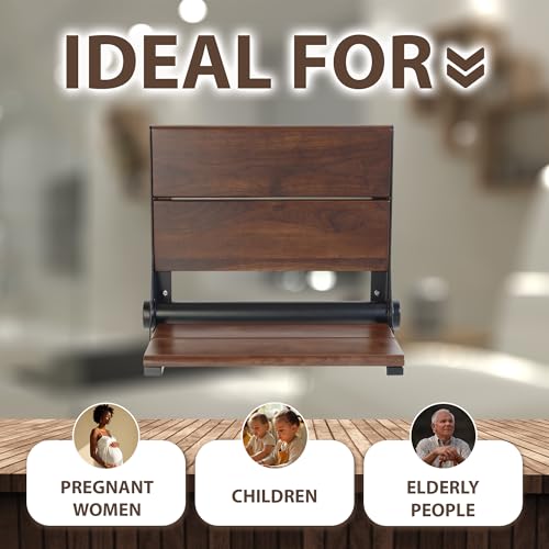 Walnut Shower Seat - Contour Wood / Folding Wall Mount Bench for Inside Shower / ADA Safety Aid / 304 Stainless Steel / Matte Black / 26" x 16" - color: Matte Black, Walnut, size: 26" x 16"