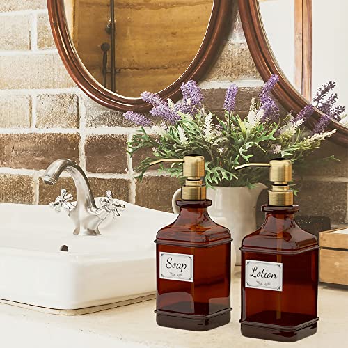 GLADPURE Soap Dispenser 2 Pack, Hand Soap Dispensers with 18 Oz Antique Design Thick Amber Glass Bottle, 316 Rust Proof Stainless Steel Pump, 6Pcs Stickers, for Lotion, Soap - Brushed Gold - color: Brushed Gold