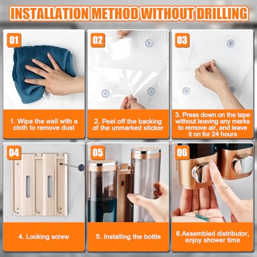 Shampoo and Conditioner Shower Soap Dispenser, No Drill 3 * 300ml | Press Liquid Soap Dispenser, Wall Mounted No Drill Shampoo Dispenser for Kitchen Bathroom Hotel (Gold)