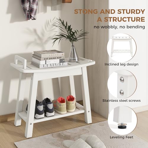 FLyjoe 24 INCH Extra Large Shower Bench for Inside Shower Shaving Legs, Waterproof HDPE Shower Chair Seat with Storage Shelf and Handles Spa Shower Stool for Bath Tub Bathroom Use, White - color: Large-white