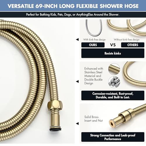 Adjustable 30-Inch Shower Slide Bar with 5-Function Handheld Shower Head, Stainless Steel Wall Mount Shower Slide Bar Set with Extra Hose (Brushed Gold) - color: Brushed Gold