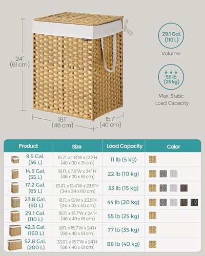 SONGMICS Laundry Hamper with Lid, 29.1 Gallon (110 L) Synthetic Rattan Clothes Laundry Basket with Lid and Handles, Foldable, Removable Liner, Goose Yellow ULCB152Y01 - color: Goose Yellow, size: 110 L