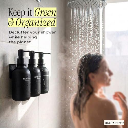 MaisoNovo Shampoo and Conditioner Dispenser|Refillable Black Set of 3 | 500 ml Shower Gel Dispenser Set of 3. Refillable Shampoo and Conditioner Bottles. Drill Free Secure Design. Black - color: Black Set of 3
