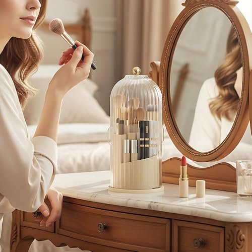 Concealed Toothbrush Holder, Makeup Brush Holder Organizer with Lid 360 Rotating Clear Dustproof for Dresser Tabletop Bathroom Countertop (Milky White) - color: Milky White